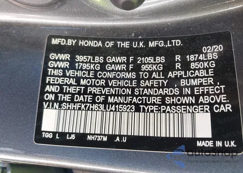 2020 Honda Civic Ex from USA, damaged, VIN SHHFK7H63LU415923